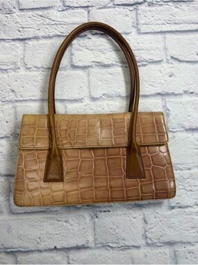 Y2K Vintage Cynthia Rowley Minimalist Croc-Embossed Tan Leather Shoulder Bag